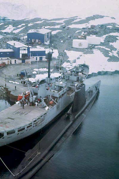 Chilean icebreaker and submarine at Palmer Station
