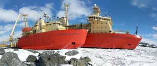 two ships in the day The Nathaniel B. Palmer and Laurence M. Gould at Palmer in November 2019